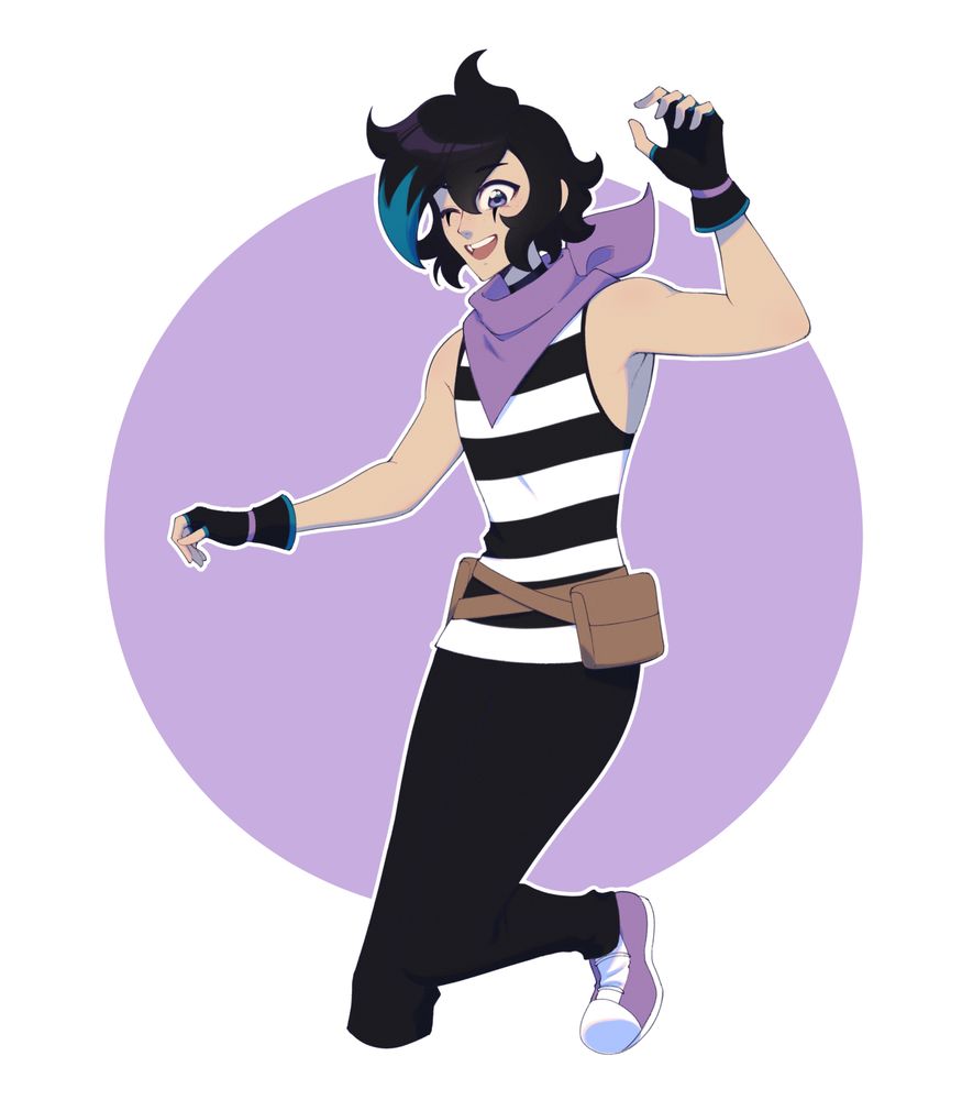 illustration of a person grinning while jumping. they have short black hair, with a teal streak in their bangs and are wearing a striped sleevless shirt with black pants, gloves, belts and purple shoes. they also have a purple handkerchief around their neck.