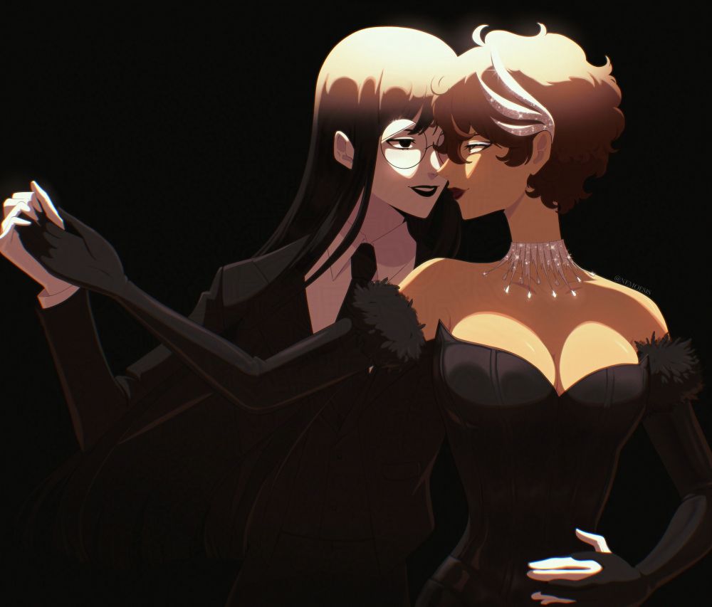 illustration of two women in formal attire dancing against a black background as a warm spotlight shines above them. one woman, with white skin and long black hair in a tux holds the other, with short brown hair, from behind. they are looking into each others eyes knowingly.