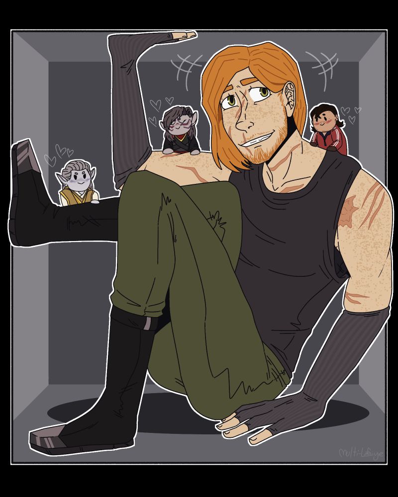 A drawing of Cal Kestis from Star Wars, shown with chin-length hair and wearing a sleeveless top and elbow-length gloves. He has a smile on his face as he looks towards the viewer, and he's sitting as though in a small, confined space, with one leg up and a hand pressed against the ceiling. Perched on his shoulders and leg are chibis of Merrin, Bode Akuna, and Dagan Gera, each smiling and blushing. The background is simple and geometric, implying Cal is sitting in a box, with emphasis lines and hearts drawn around him and the chibi characters.