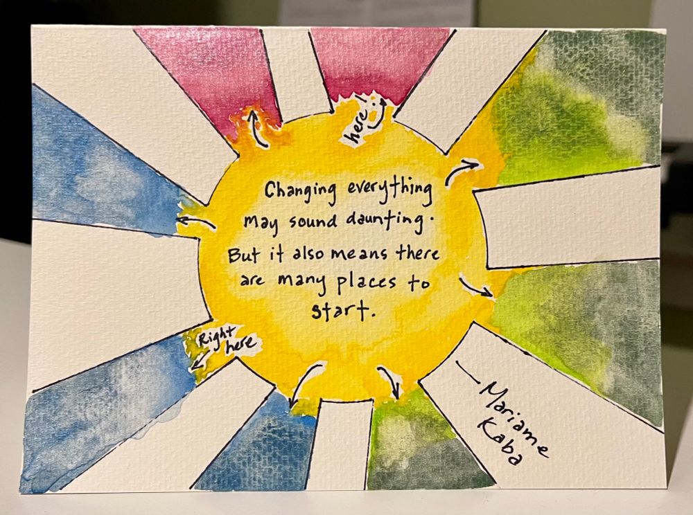 Watercolor card. "Changing everything may sound daunting. But it also means there are man places to start," by Mariame Kaba. A yellow circle with lots of colorful exits with guiding arrows marked with “here” and “right here”