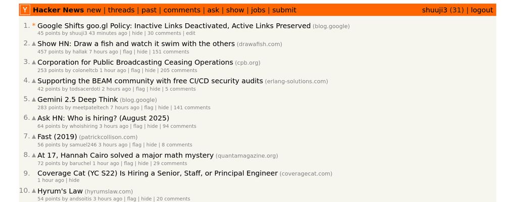 A screenshot of the Hacker News front page. The top-ranked post, submitted by the user "shuuji3" (me), is titled "Google Shifts goo.gl Policy: Inactive Links Deactivated, Active Links Preserved." It has 45 points and was posted 43 minutes ago.