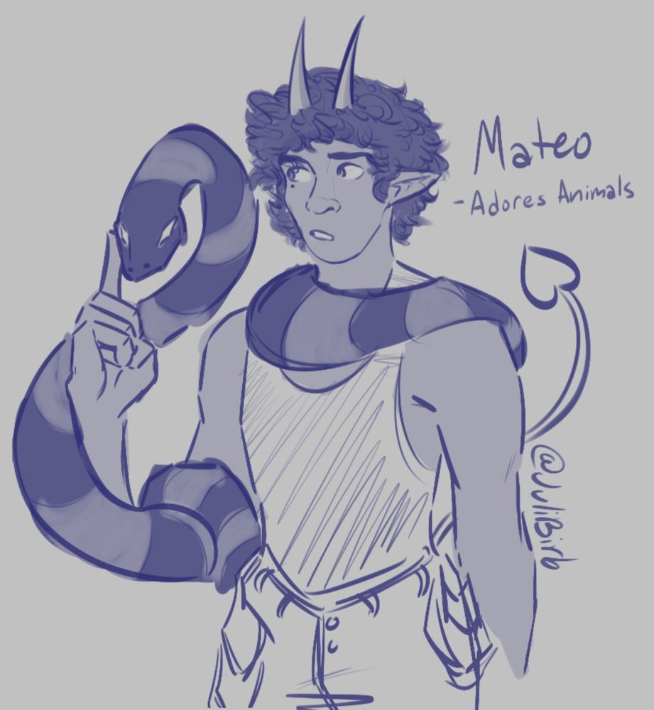 Mateo is a serious animal lover! He takes care of many and spent a lot of his time with them! He’s lowkey like a Disney princess in the most comedic ways where animals just flock to him. He’s a demonille and has the prettiest hair in my opinion— here he’s holding a snake and probably telling someone that it doesn’t bite (it definitely bites) and the snake is loving it🔥
I drew this on magma!