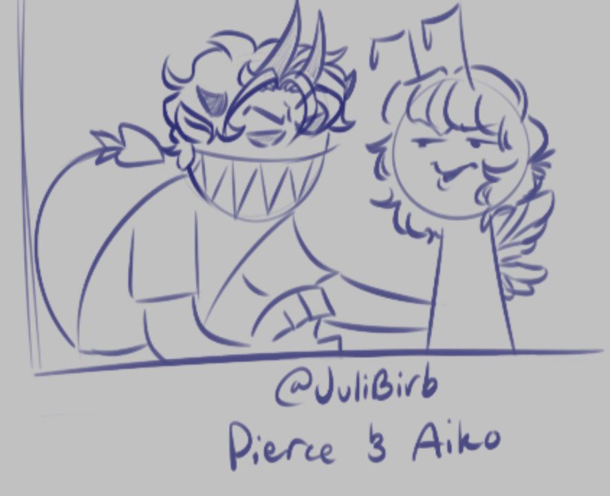 Pierce and Aiko! Pierce is a demonille and Aiko is a crystalline with a subspecies of butterfly! They’re very silly and goofy characters and I adore them! I drew this on magma!  Pierce has 2 sets of horns and Aiko has butterfly wings :) 