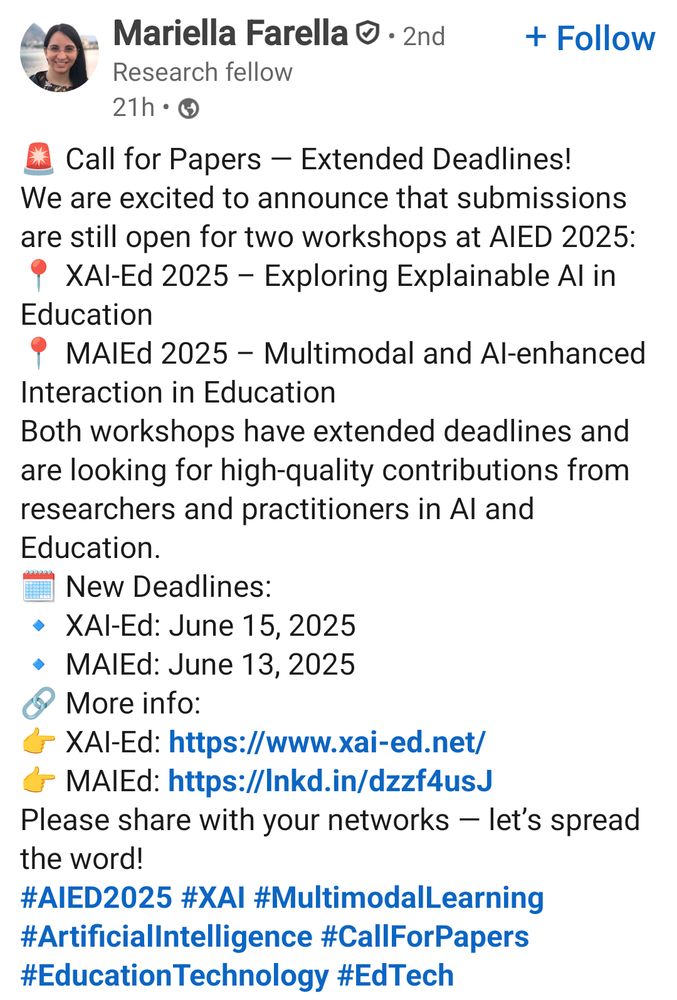 An announcement about XAI-Ed and MAIEd workshops at AIED still open for submissions