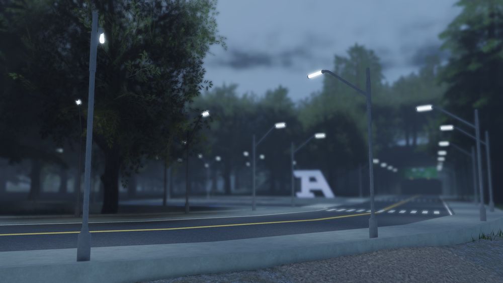 A landscape photo of the parking lot for Astral Industries’s current main project, Galileo Research Center. There are streetlights scattered everywhere, and a state of Astral’s logo stands in the middle. The parking lot is embedded into a forest.