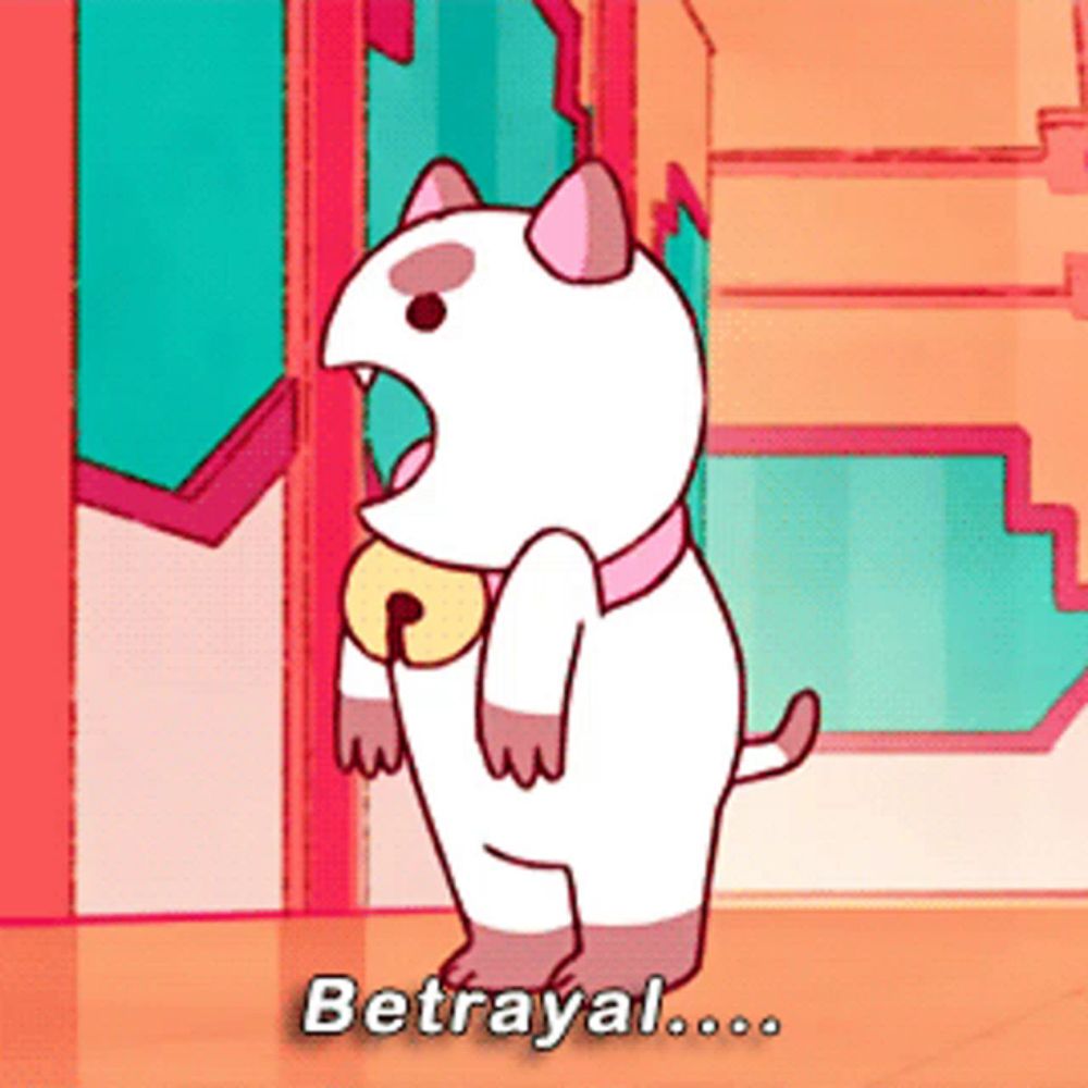 a cartoon cat says betrayal while holding a bell in its mouth