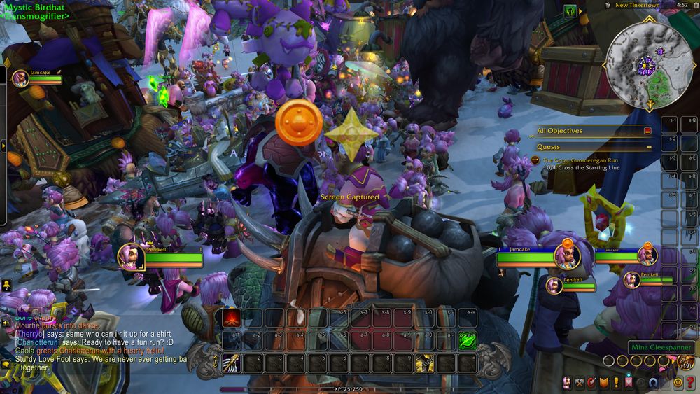 World of Warcraft screenshot with many more gnomes. Some of are on their mounts, which do obscure the number of pink gnomes, but there is still a large number of gnomes. Two are marked, one with a yellow star (me, Penikell) and the orange shield (my sister, Jamcake)