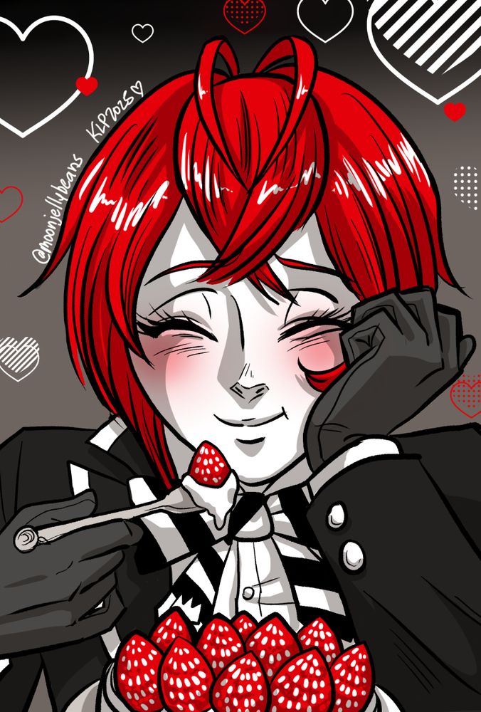 Riddle Rosehearts enjoying a strawberry tart. He's smiling with his eyes closed, holding a fork with some cream and a strawberry perched on it. The background has white and red hearts dotted on it. 