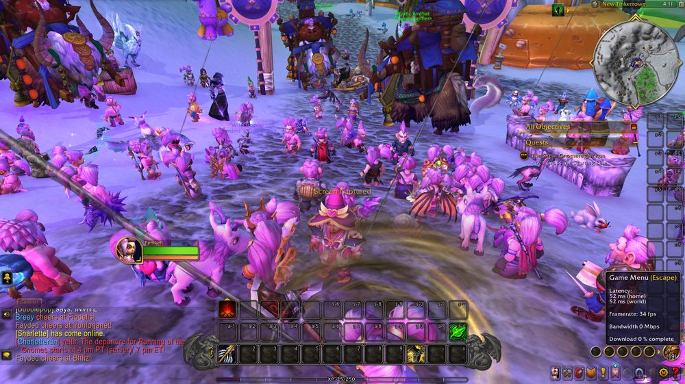 World of Warcraft screenshot showing the early gathering of gnomes for the Running of the Gnomes event for breast cancer awareness. All the gnomes have pink hair, are wearing pink outfits and many have pink pets. 