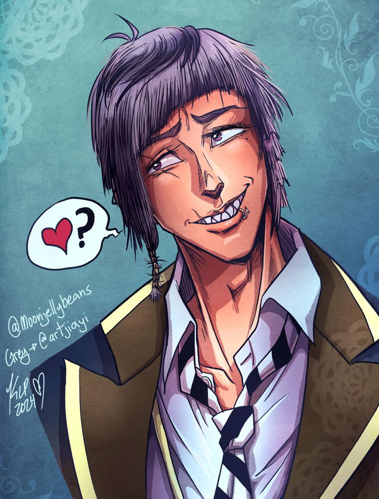 Fan art of an Octavinelle Twisted Wonderland fan character, Grey Jawson, created by artjiayi

He has greyish hair with styled in an uneven cut, with a longer piece of hair beaded on the left side His striped uniform tie, is loosely worn, and the top button of his dress shirt is undone. 

Although he has sharp teeth, as he is based off a shark, and has a scar across his left eye and his lip, and a hook shaped lip piercing, he has a warm and friendly smile that feels very sincere. 

The background is a simple aqua-blue colour, with some subtle vine and lace overlays. 