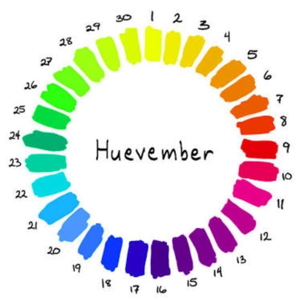 A colour wheel where each colour is numbered from 1 to 30 with the word "Huevember" in the center. 