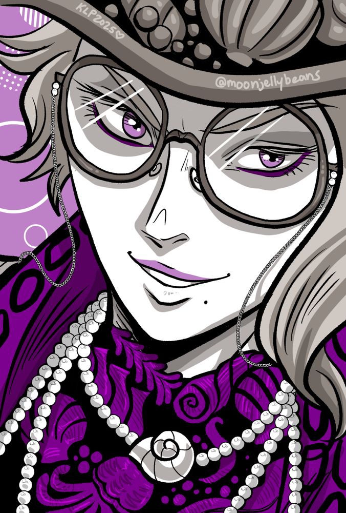 Azul Ashengrotto wearing his Glorious Masquerade outfit. It's angled as though we are looking down at him, though he meets our gaze, smiling with a devilish sort of confidence. 