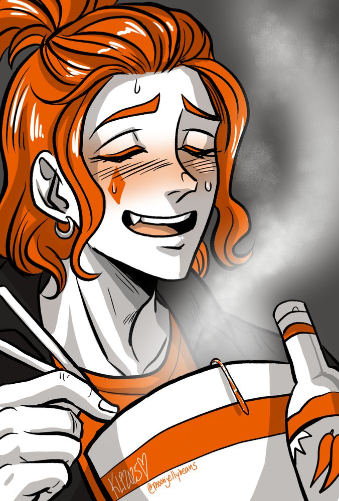 Cater Diamond is enjoying a tasty treat of super spicy noodles. There's a bottle of hot sauce next to his bowl, implying the super spiciness of the food. His face is flushed and he's sweating, but Cater is clearly enjoying himself. 