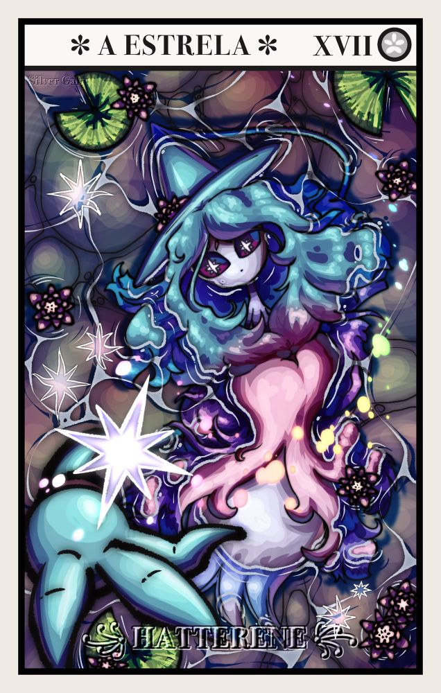 Arte digital baseada na carta de tarô A Estrela, com o Pokémon Hatterene no centro deitado em um lago raso, com algumas vitórias régias e reflexos de estrelas na água. Ela está tentando alcançar uma estrela de 8 pontas com seu tentáculo 