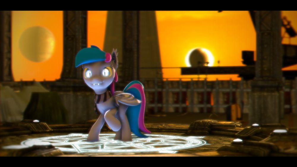 A pony with a lilac body, and pink and blue hair stands on some kind of ancient temple runes. The sky is orange with two moons in the background, one eclipsing the sun.