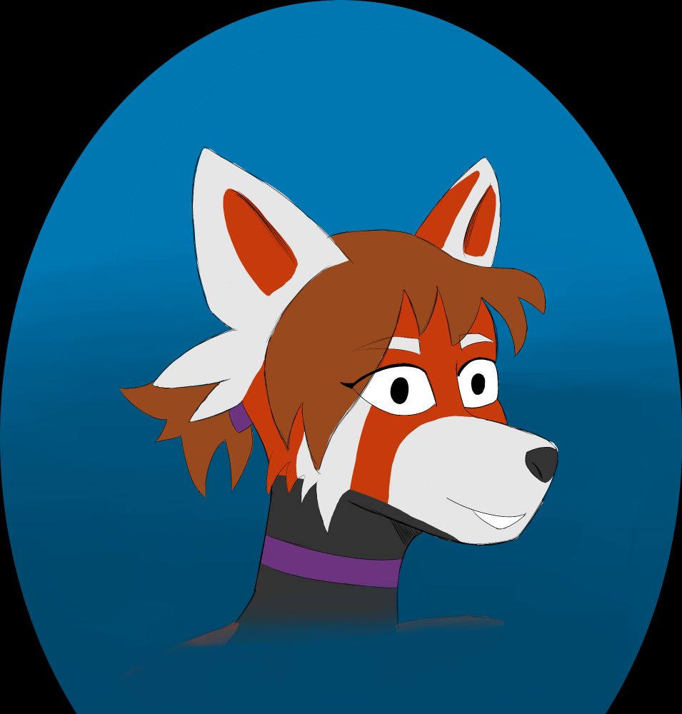 Headshot picture of a red panda anthro character in front of a blue background