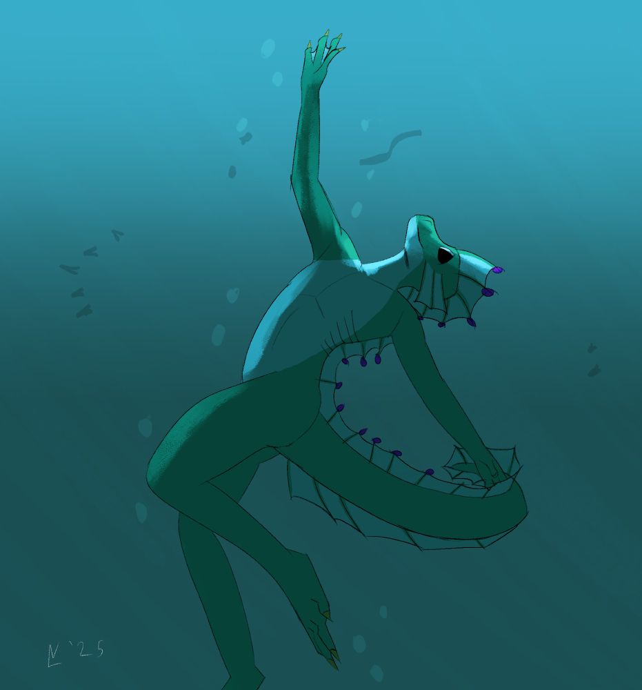 Drawing of an anthro fish creature swimming underwater. The creature is a mix of greens and light greens, purple bulbs on the fin spines, and total black eyes
