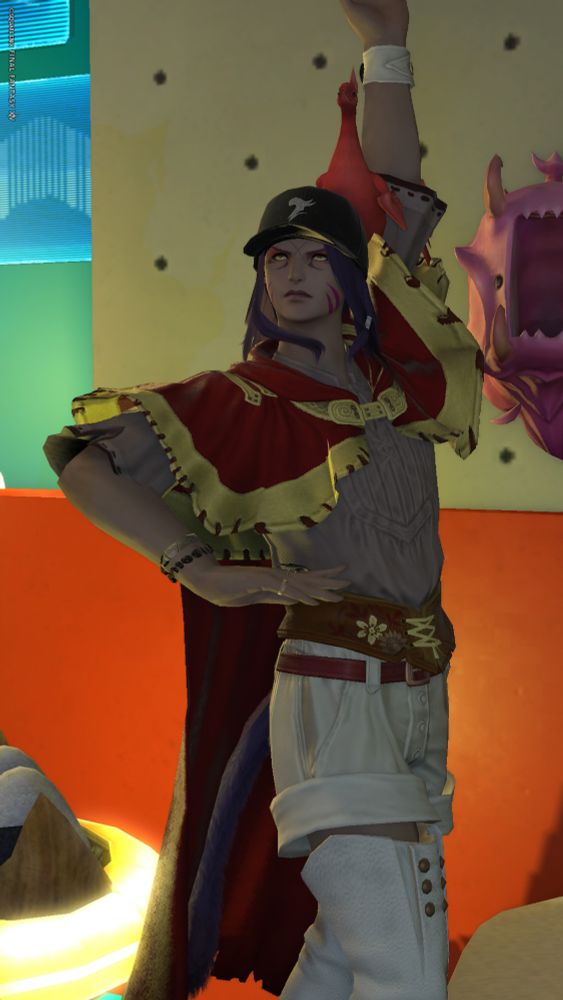 a screenshot of a final fantasy 14 miqote character, in an outfit resembling leon from pokemon sword/shield