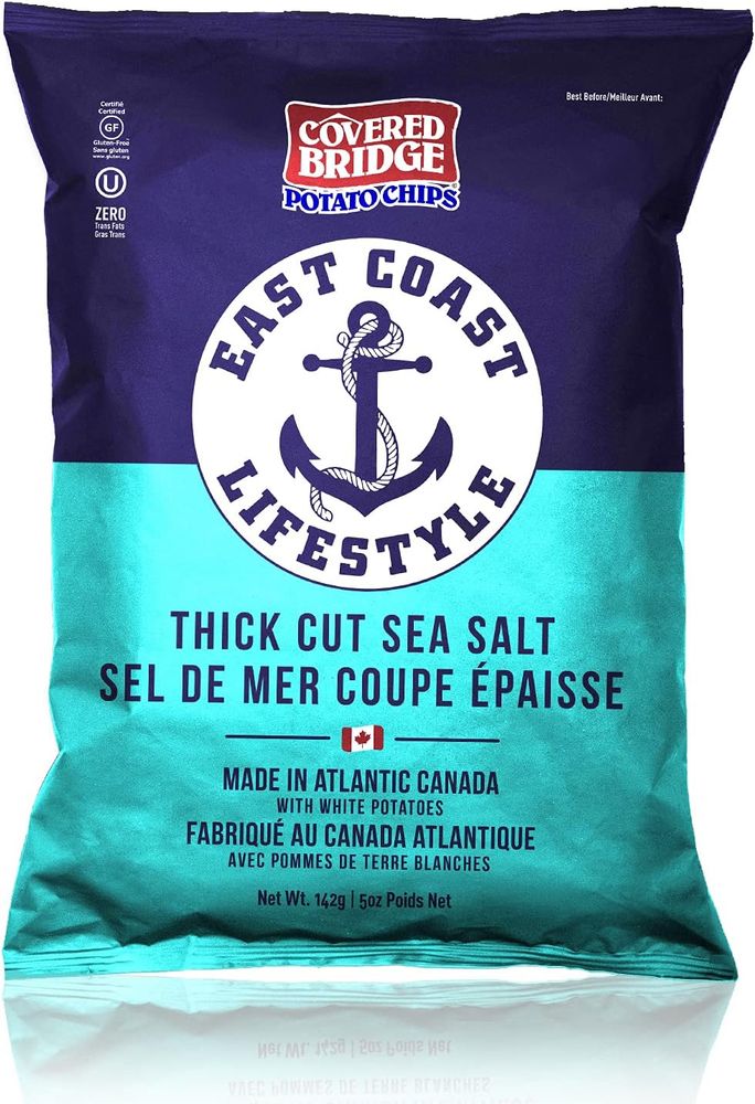 Bag of Atlantic Canadian chips, Covered Bridge thick cut with sea salt. Has ship’s anchor on the bag.