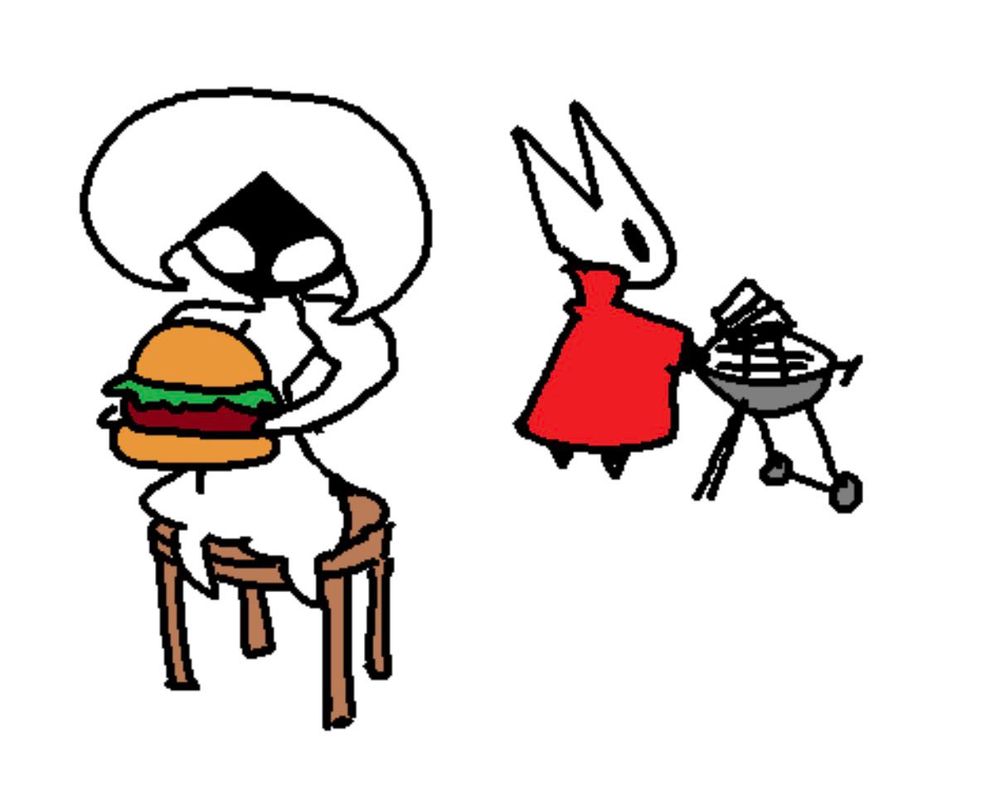 Lace from Silksong eating delicious burger cooked on grill by Hornet.