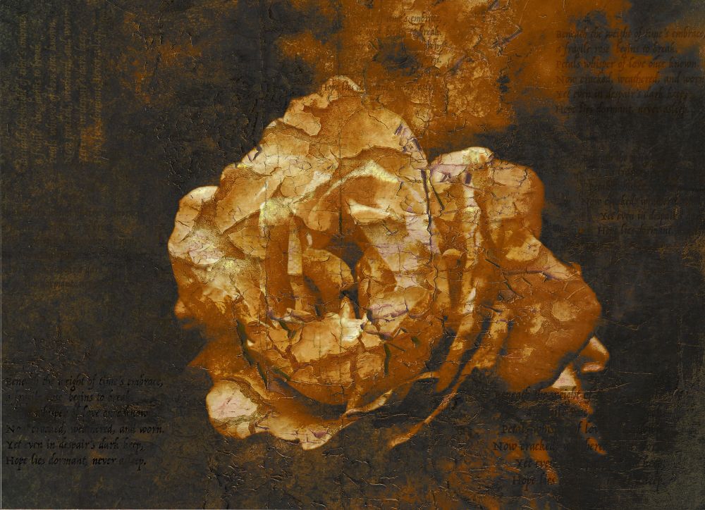 ChatGPT helped me come up with a poetic verse for this image 
called Shattered Dreams 
Beneath the weight of time’s embrace,
a fragile rose begins to break.
Petals whisper of love once known,
now cracked, weathered, and worn.
Yet even in despair’s dark keep,
hope lies dormant, never asleep.