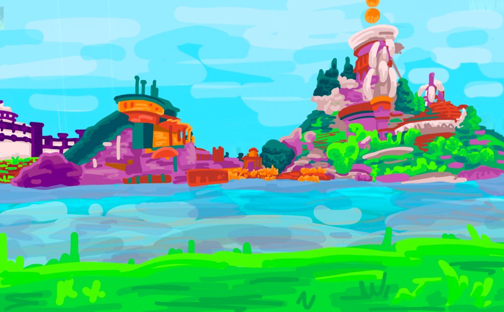An illustration of pealescentmoons hermitcraft base drawn in vibrant colours