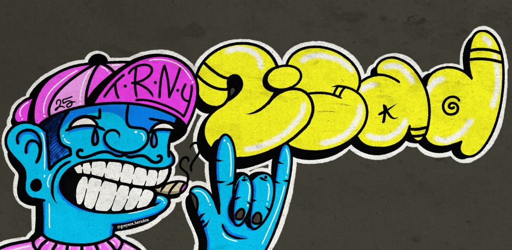 a blue skinned graffiti style character with tears running down their face. a joint hangs between their teeth below their handlebar mustache. they are sporting a baseball cap with the letters T R N Y across the bill. beside them is a yellow graffiti throw that says “2sad” outlined in black with white highlights. 