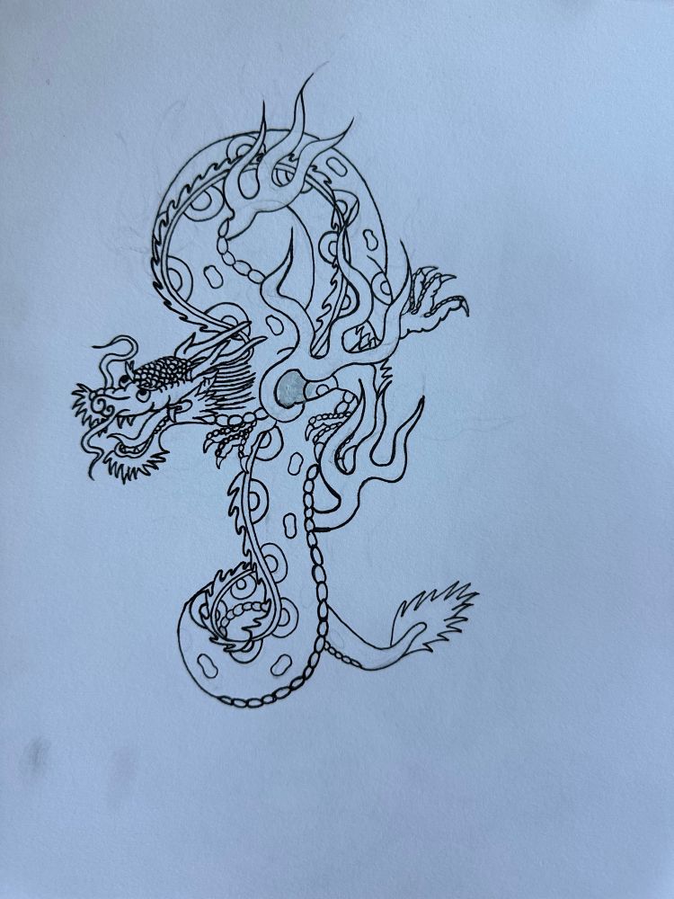 black outline of a traditional tattoo style dragon - its body swirls up and then wraps back down under its body and loops into the end of its tail. there are 3 small flames coming from behind. 
