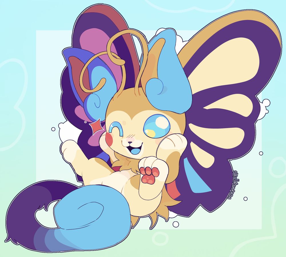 An Alolan Raichu / Beautifly Pokemon fusion drawn in a chibi style and posing cutesy