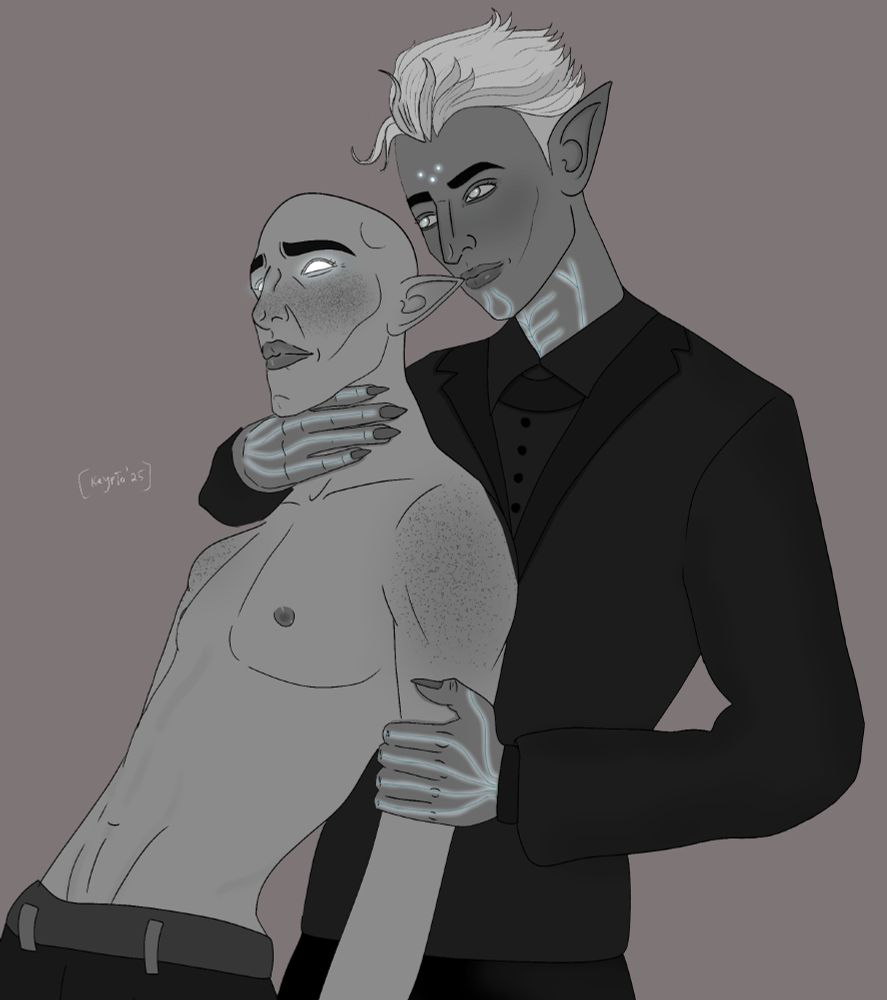 Fenris dragon age holding solas dragon age by his neck and arm, lyrium mode active and solas's eyes are glowing