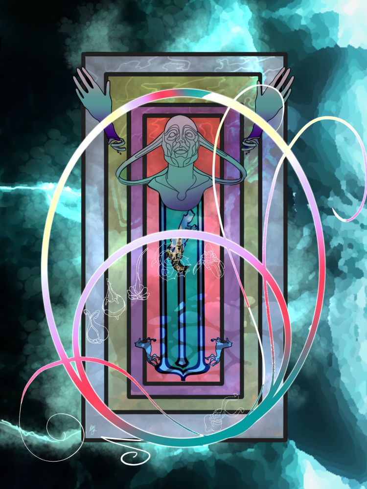 I was thinking the seeds on the frame would kind of draw in the regions in Duviri. if you look at the drifter amp, inside is the castle where you go through it again and again. In the background behind the colors for emotions, the Zariman shows the connection between the two worlds. You, being the drifter in this story, can think of the frame as you and how your mind has encased the repressed feelings after having watched the death of your parents to the void. 
This card is the story of the drifter from tragic reality to the horrific glory of what the void does when given a catalyst.
It's dangerous alone, so take this card with you.