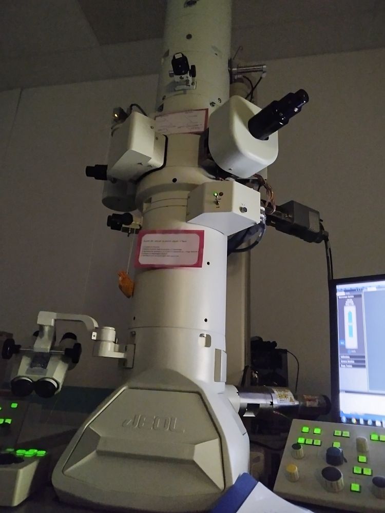 Picture of a Transmission Electron Microscope. Basically a tower with knobs protruding from all sides, and two control panels filled with analog dials and buttons. 
