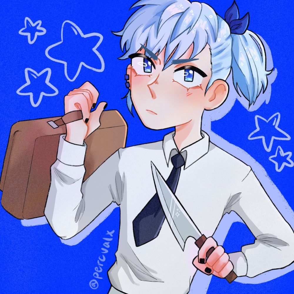A character from a WEBTOON with pale blue hair and a tie, holding a knife on a neon blue background