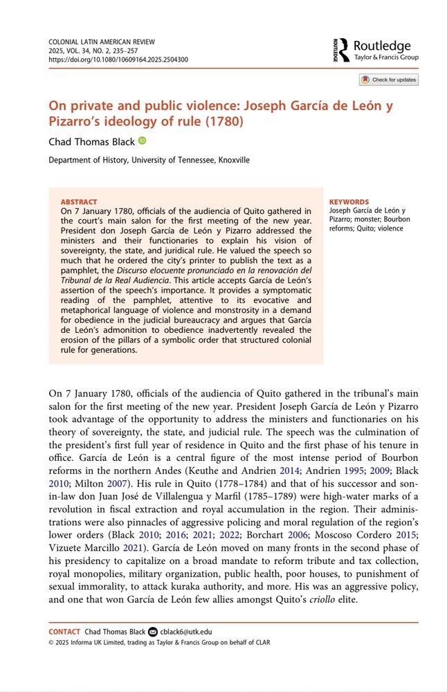 Image of the first page of an article titled “On private and public violence: Joseph Garcia de León’s ideology of rule (1780)