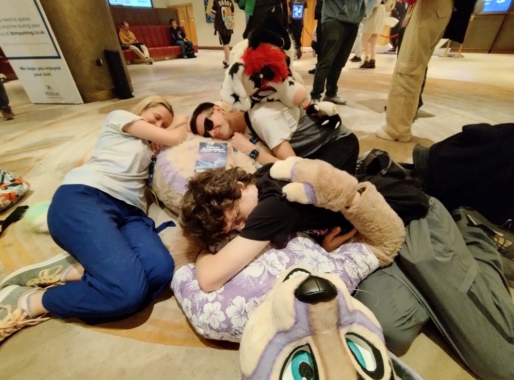 Photographotter laying on the ground with 4 friends laying on top of him sleeping.
On photographotter's chest lays a flyer for Furality Somna.