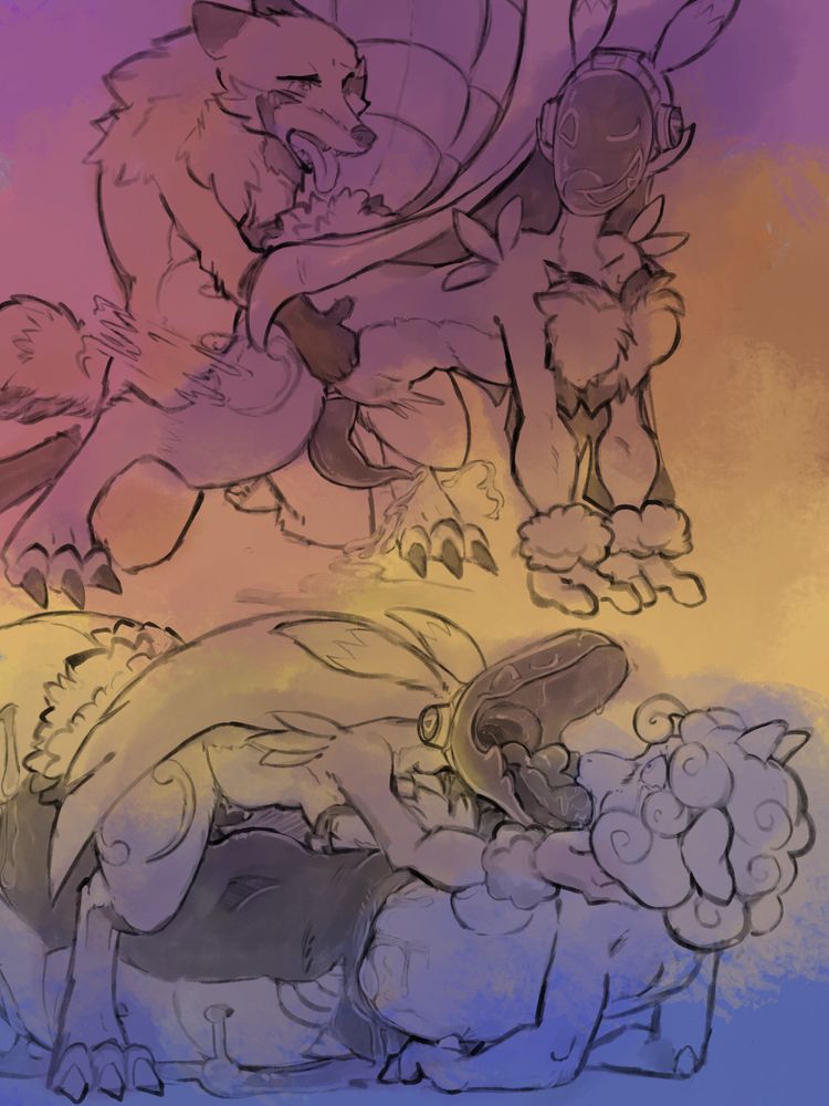 A pair of scenes depicting Dorotheadora (any pronouns), the Avi, with Leon Claus (he/them), the anthro red fox, & Eweris (she/her), the anthro black sheep, in a field of pansexual colors. The scenes are sketchy & frantic, mostly just outlines. Atop, Leon is mounting Dorotheadora, making use of his anus to ram his cock inside. Both hips held possessively, as if about to lift her up into a wheelbarrow position. Her abdomen is pushed up over Leon's left shoulder, obstructing his ability to mount her completely. However, she has extended her legs far out to the sides to levy her hips close enough for the kneeling fox to penetrate her. Leon is thrilled & panting, while Dorotheadora appears to be smug & winking, peering over her shoulder to her enthusiastic stud.

In the latent scene, Dorotheadora has all but overtaken Eweris- who is in a panic to support herself on alternating elbows. Pinned beneath the avi who has her cheeks in their palms, pulling her into a deep french kiss, with tongue thrusting into her throat. A view of the inside of their visor & yawning throat all she can focus on, in dubious consent with wide eyes & terror. From the waist-down, Eweris' body has been engulfed into the end of Dorotheadora's abdomen, her knees & struggling obvious in the gluttonous cavity that seeps the data slime from around her water-tight seal on Eweris' body, as well as the pores on their chitinous exoskeleton. They've nearly got them all the way in now, it would be so difficult to crab walk out of a grapple of such suckling, hungry flesh. Especially with the reminder that she could just as easily become prey to the other end of the avi's appetite. Tears pour down Eweris' cheeks to the overstimulating scene, yet it proceeds regardless.
