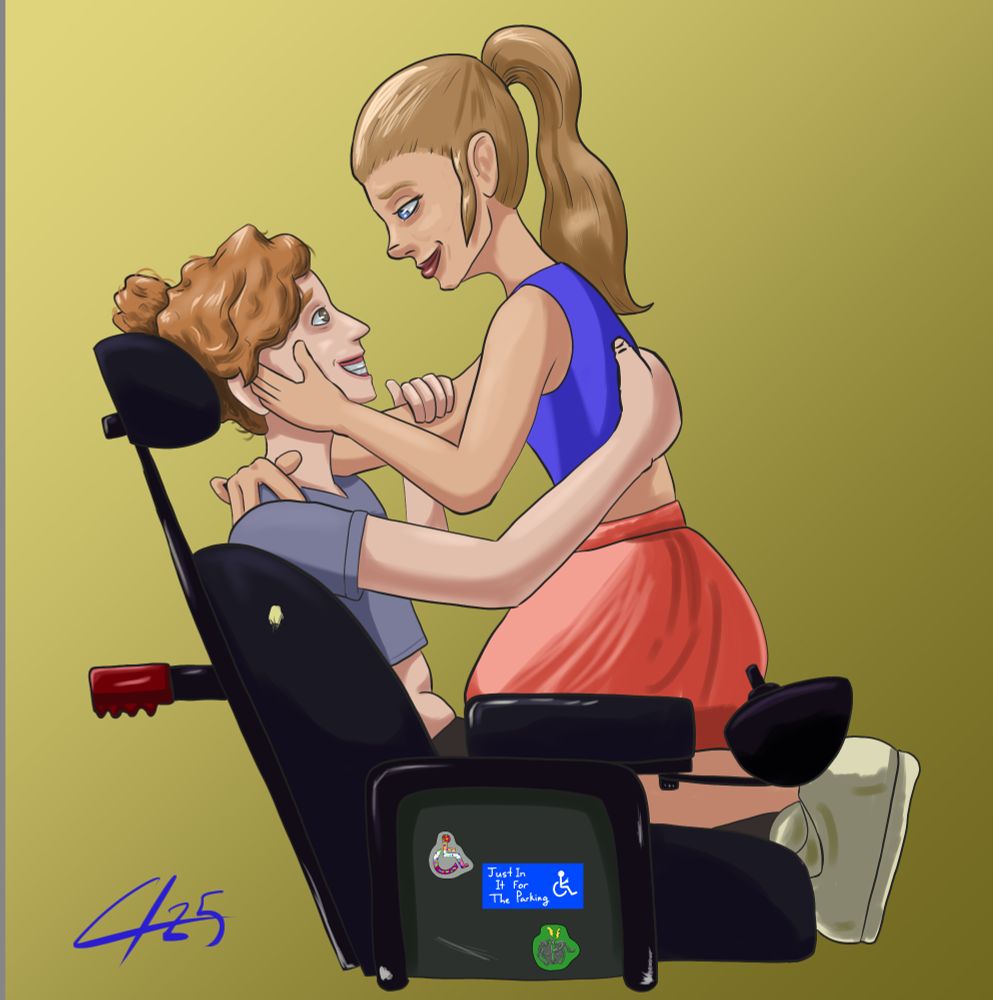 A red headed woman sitting in a power chair with a blond woman kneeling on her lap. The blond woman has her right arm wrapped around the red head's neck and her left hand on her face. They're both smiling and looking longingly at each other. 