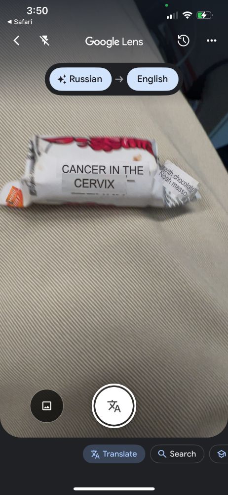 A screenshot of Google Lens, which has translated the candy’s label as saying “cancer in the cervix”