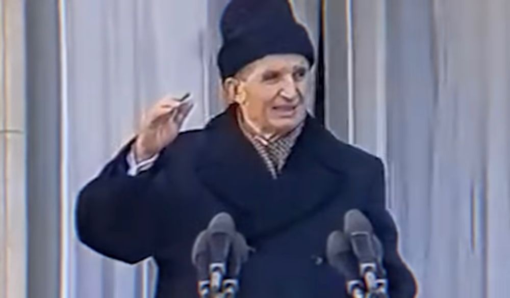 Nicolae Ceaușescu gives a speech on December 22, 1989. It does not seem like the audience is enjoying it.