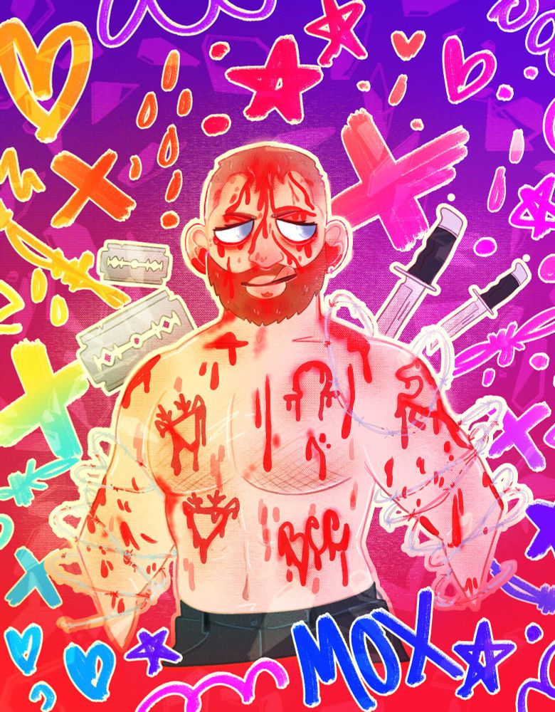 illustration of jon moxley. he is very bloody and surrounded by a lisa frank aesthetic