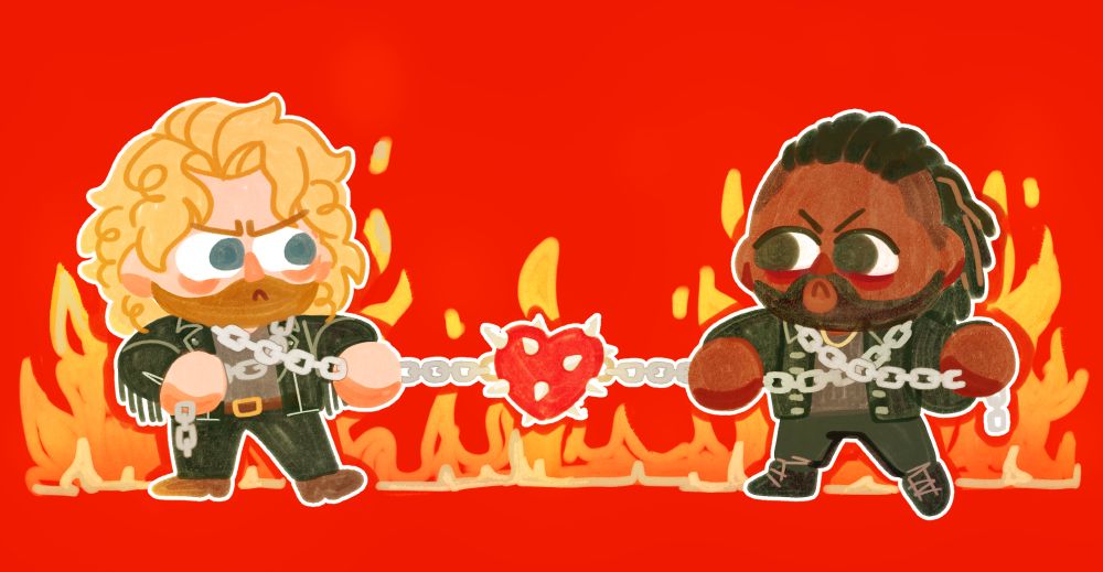 chibi drawing of hangman page and swerve strickland against a fiery bg. they're tied together with chains, a big spikey heart in the middle