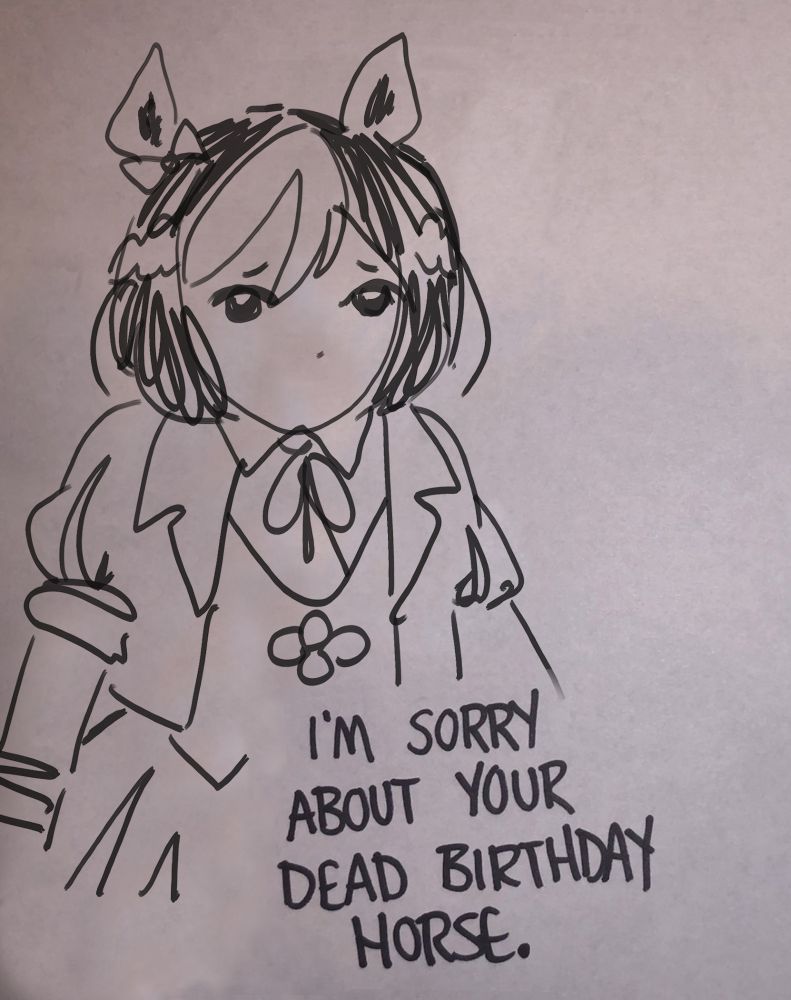 drawing of Umamusume's Special Week in the style of Hangman Page's dead birthday horse post
