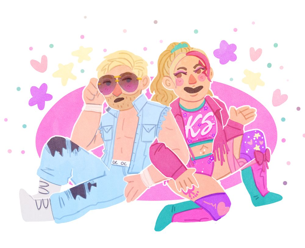 cute illustration of orange cassidy and kris statlander wearing barbie and ken inspired gear