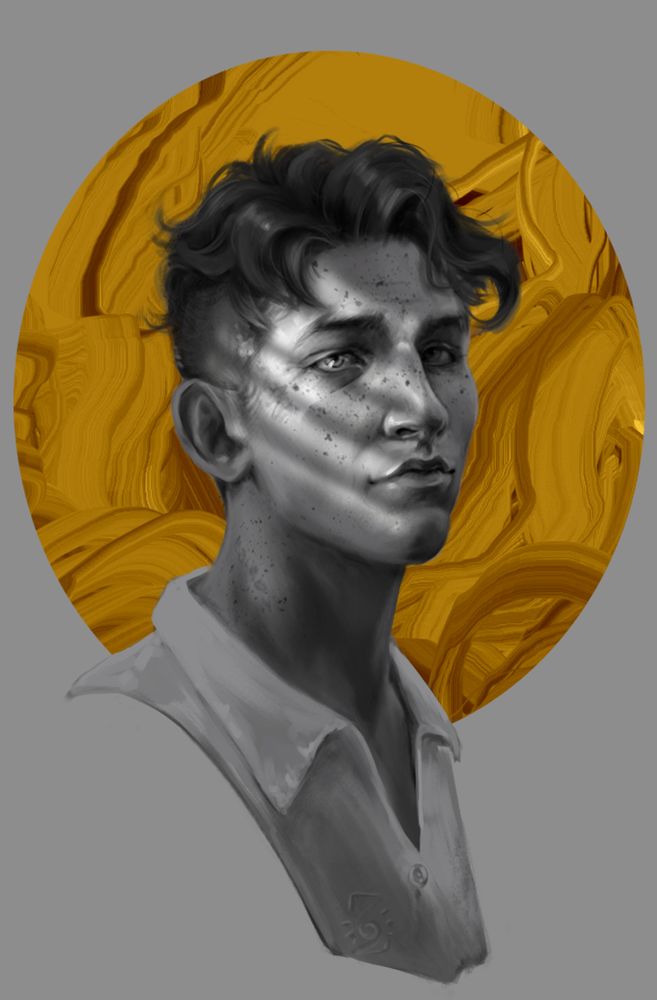 Black and white portrait of a butch woman with short hair and freckles. She is wearing a white collared shirt that is partially unbuttoned. Light and shadow are casting stripes across her face. The background is an abstract swirl of yellow. 