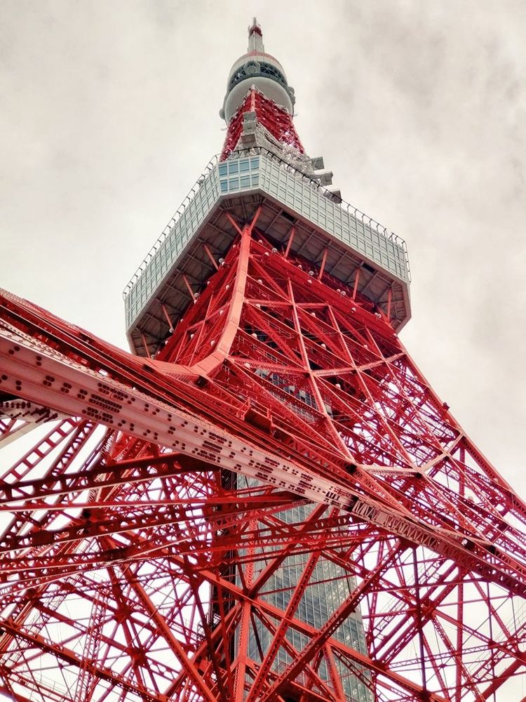 東京タワーを下から見上げた写真。鉄骨が入り組んでいる様子が見える。