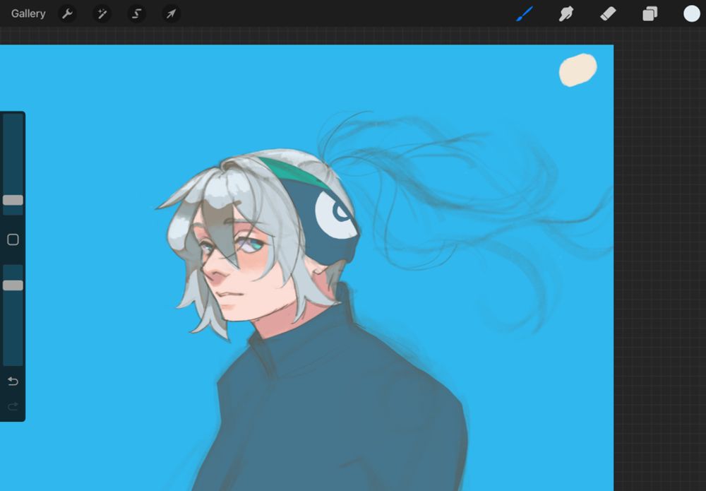 Procreate illustration of an original character Pokémon trainer. The trainer is facing leftward but looking at the viewer. They have pale skin, silver hair, with turquoise and dark blue clothes. The background is bright blue.