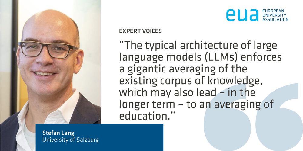 A picture of the author with the qoute "The typical architecture of large language models  (LLMs) enforces a gigantic averaging of the existing corpus of knowledge, which may also lead - in the longer term - to an averaging of education"