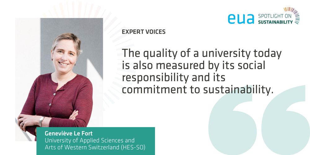 An image of the author, Genevieve Le Fort, and the text "The quality of a university today is also measured by its social responsibility and its commitment to sustainability"