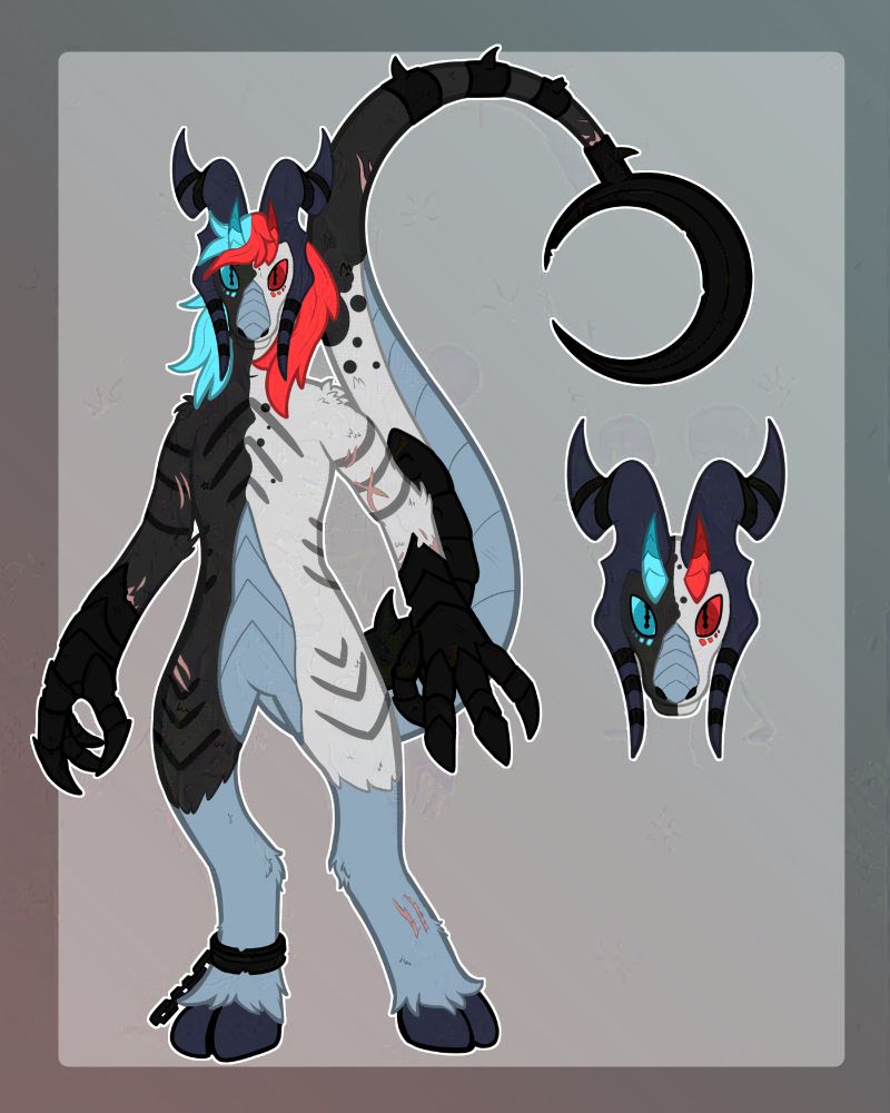 A cartoon-y drawing of an anthropomorphic being similar to a dragon. Their body is split into two distinct halves, a grey and blue color scheme on their right, and a white with red scheme on the left. They have a large set of dark blue horns that trail down longer than their face. Extra horns are present on their head that are red and blue respective to their colors. Their arms are covered in large black metal gauntlets that end in massive claws. Their legs end in hooves, trailing down into light blue fur. They have a massive tail, almost bigger than the rest of their body, ending in a crescent moon shaped scythe. Their entire body is littered in battle scars. End description.