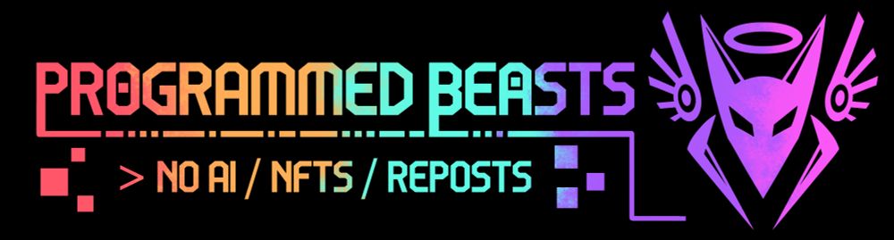 Logo that says "Programmed Beasts. No AI / NFTs / Reposts" with the logo of a loosely canine like head with a halo, wings, and two floating extensions around their jaw.